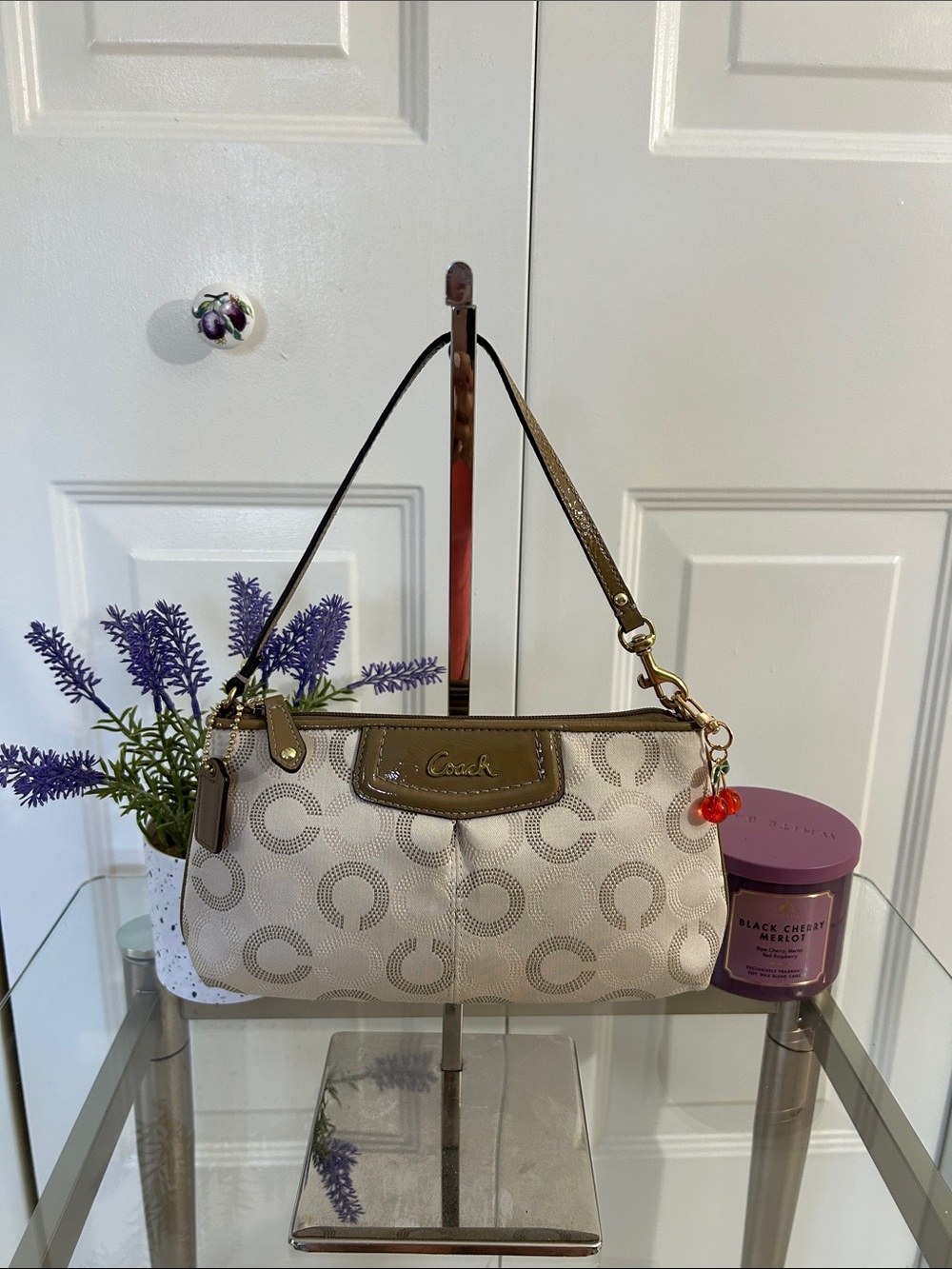 Coach Vintage Beige Signature Canvas Mini Bag with Olive Trim and Cherry Charm